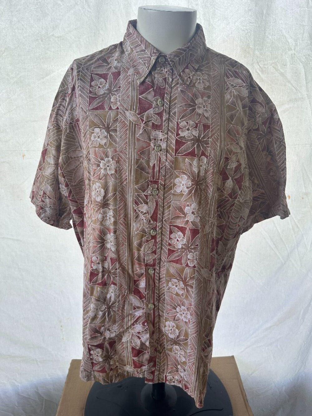 Tori Richard Men's Red Brown Floral Leaf Tiki Pattern Hawaiian Shirt Size 2XL